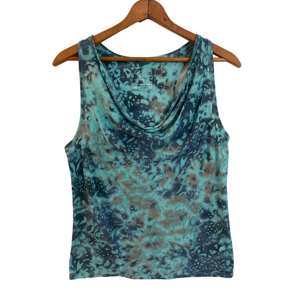 Guess Los Angeles Teal Blue Abstract Animal Print Cowl Neck Racerback Tank Top L